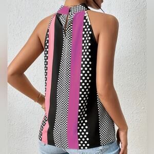 GOMORN women’s size medium halter neck blouse pullover pink black stripes & dots